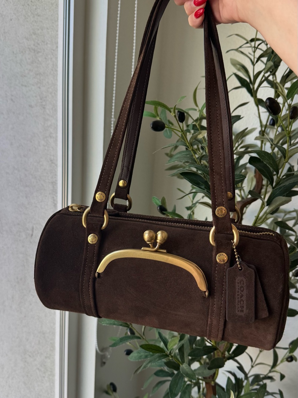 Coach Kisslock Barrel Bag 28 in Dark Chocolate Brown Suede with Brass Hardware